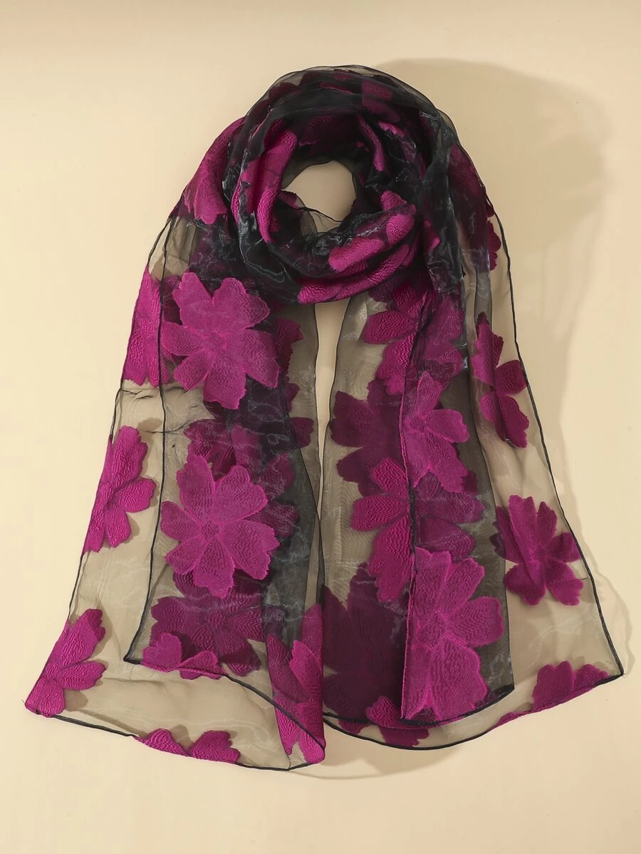 1pc Ladies' Multicolor Thin Chiffon Scarf With Floral Print, Suitable For All Seasons - Hot Pink - View 1