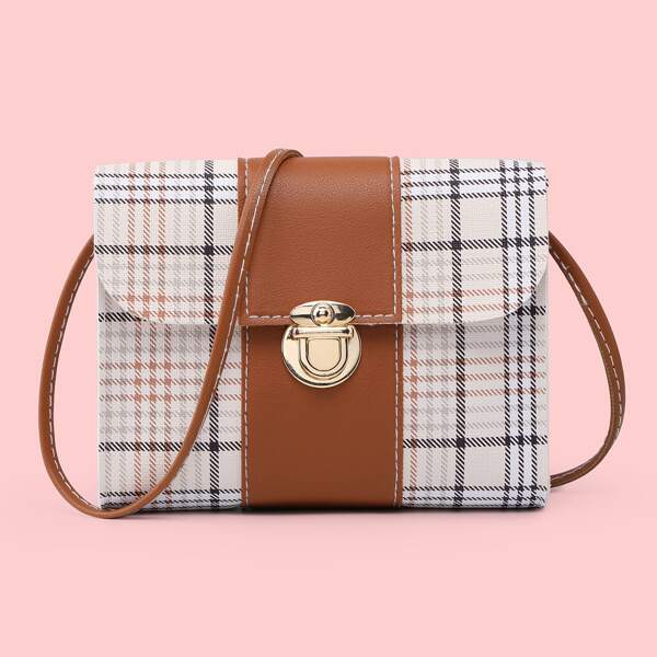 

Plaid Pattern Push Lock Flap Crossbody Bag, Brown