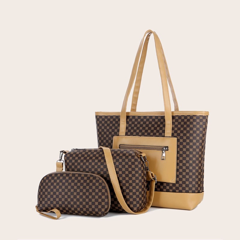 

3pcs Geometric Graphic Tote Bag Set, Khaki