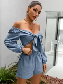 Glamaker 露肩繫帶上衣和短褲套裝 - 霧霾藍 - 查看 1