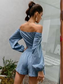 Glamaker 露肩繫帶上衣和短褲套裝 - 霧霾藍 - 查看 2