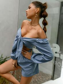 Glamaker 露肩繫帶上衣和短褲套裝 - 霧霾藍 - 查看 5