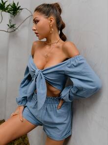 Glamaker 露肩繫帶上衣和短褲套裝 - 霧霾藍 - 查看 6