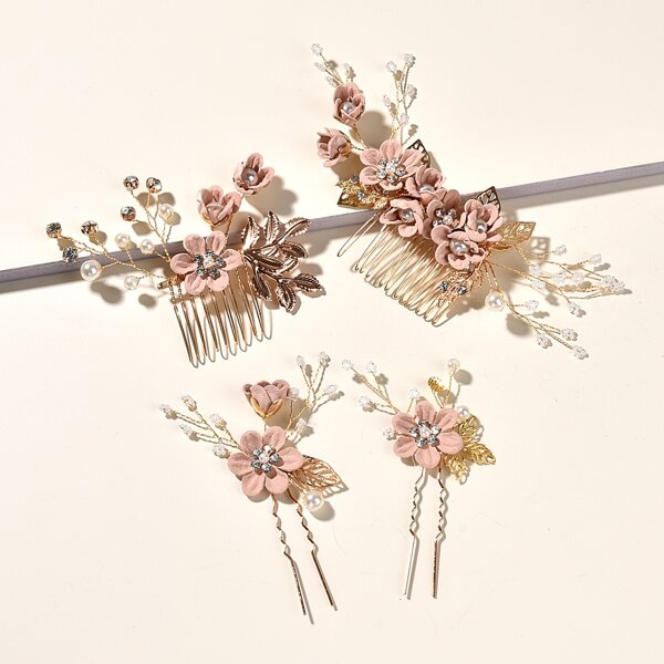 

4pcs Flower & Faux Pearl Decor Hairpin Comb, Dusty pink
