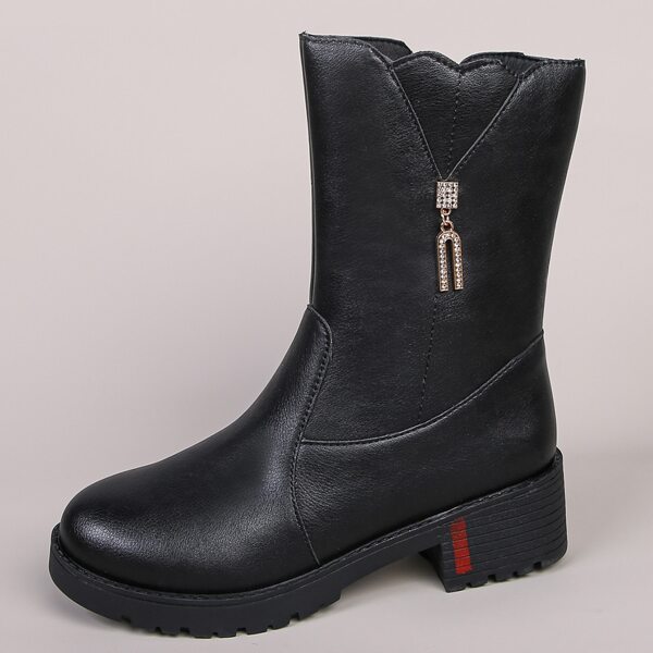 

Rhinestone Charm Side Zipper Mid Calf Boots, Black