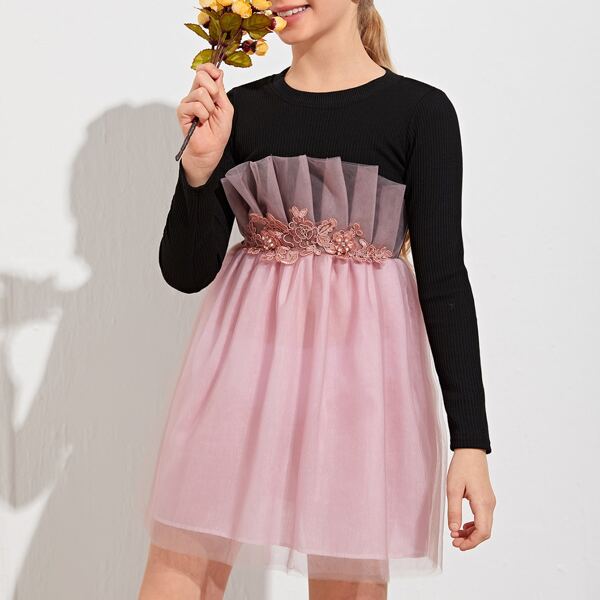 

Girls Applique Contrast Mesh Hem Dress, Multicolor