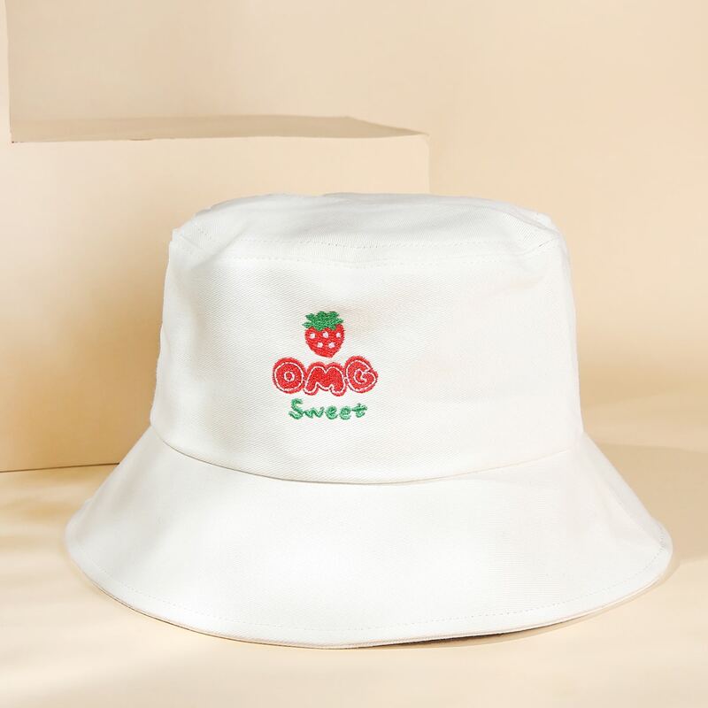

Strawberry Embroidered Bucket Hat, White