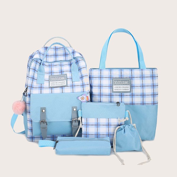 

5pcs Kids Plaid Backpack Set, Blue