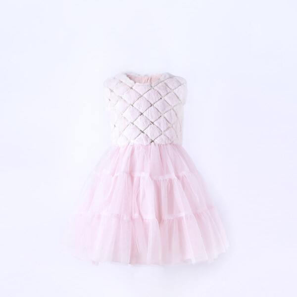 

Girls Teddy Panel Sequin Detail Party Dress, Baby pink