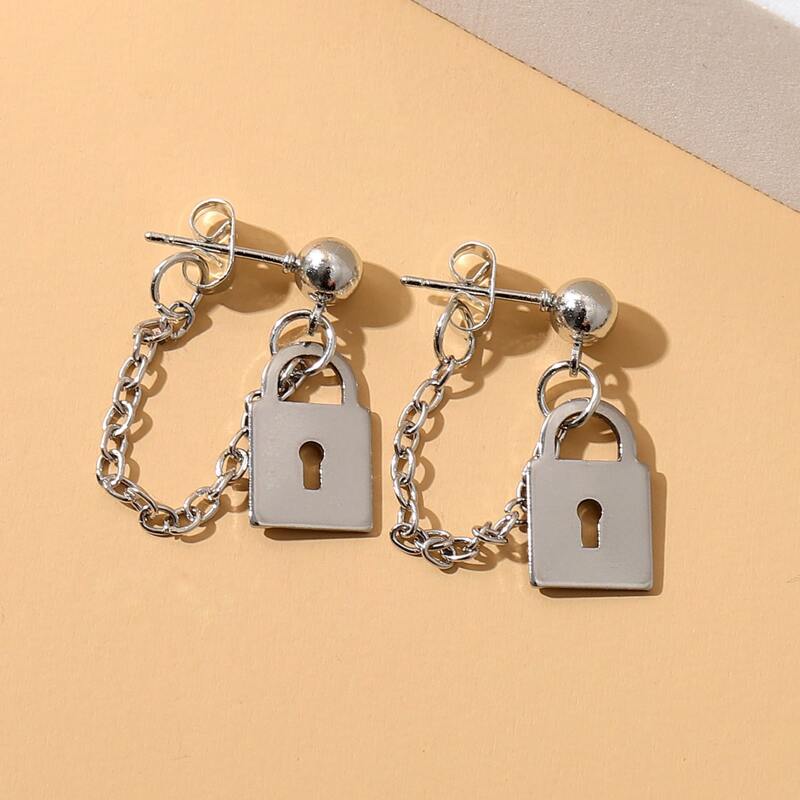 

Lock Decor Earrings, Silver