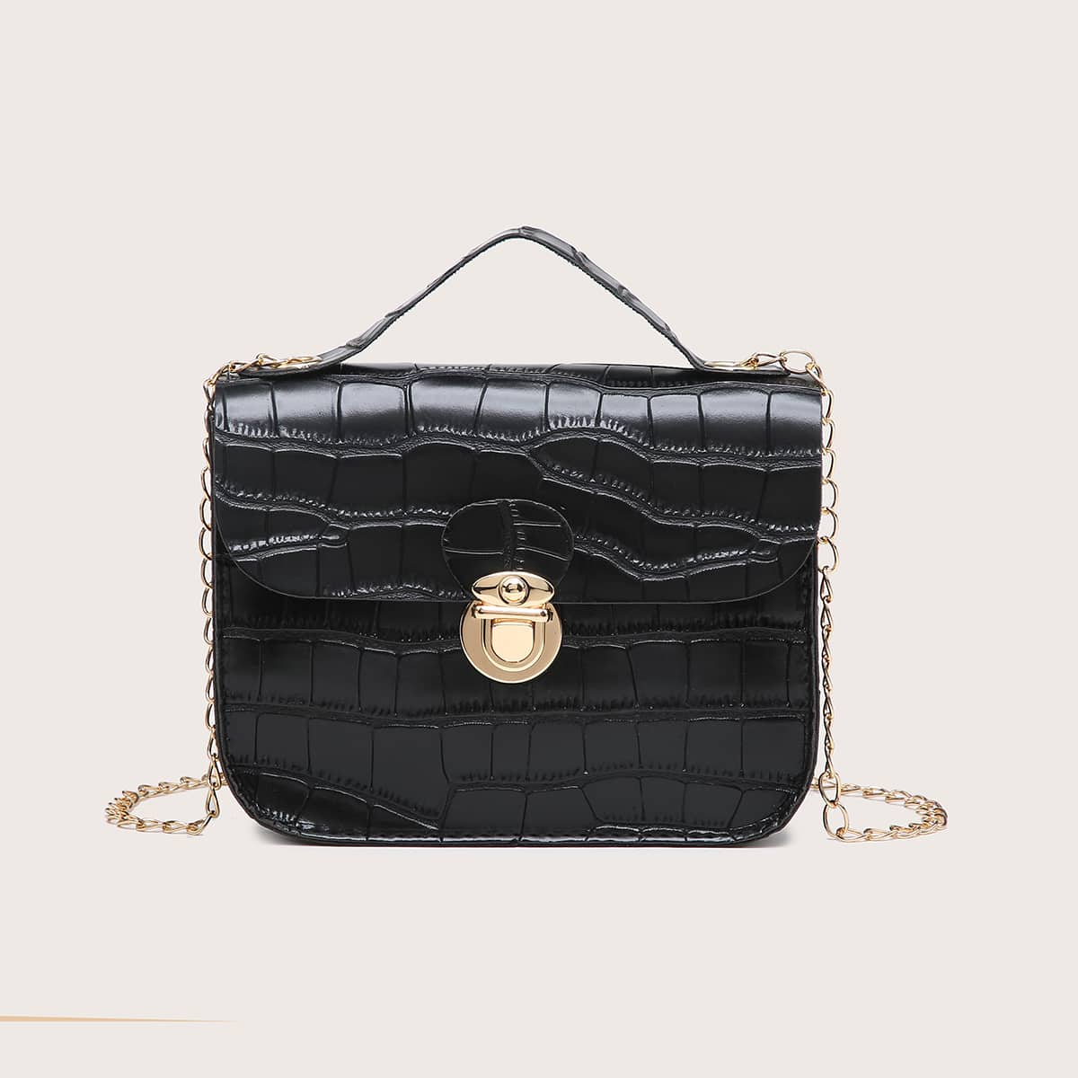 

Croc Embossed Chain Satchel Bag, Black