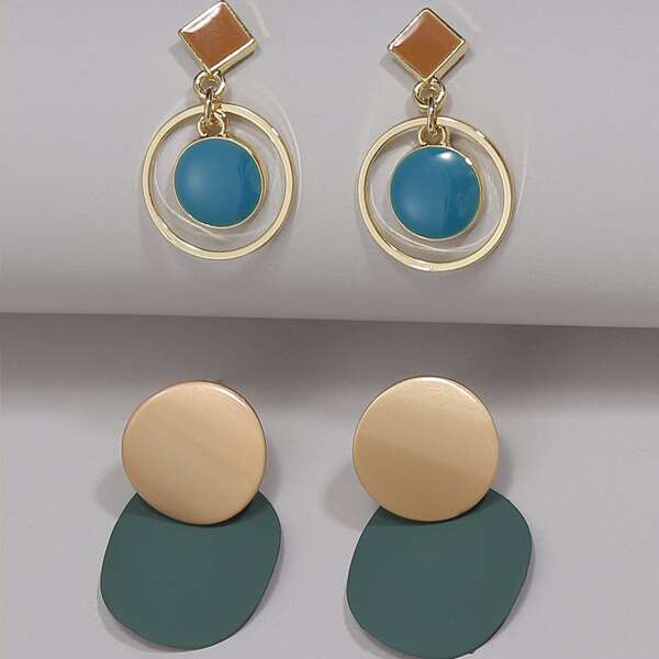 

2pairs Geo Drop Earrings, Green