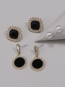 3對水鑽裝飾耳環 - 黑色 - 查看 2