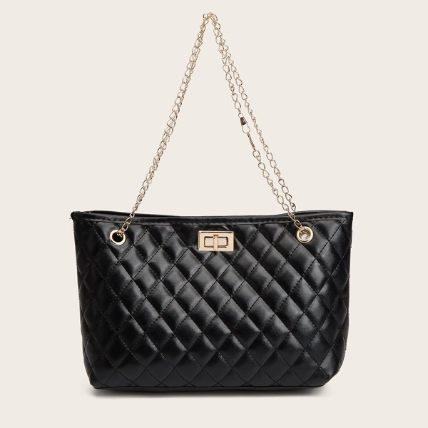 

Quilted Twist Lock Chain Tote Bag, Black