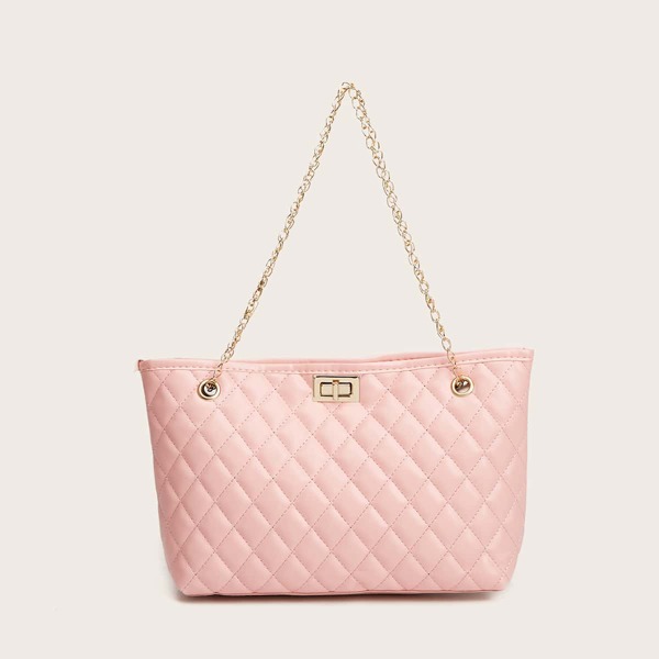 

Quilted Twist Lock Chain Tote Bag, Pink
