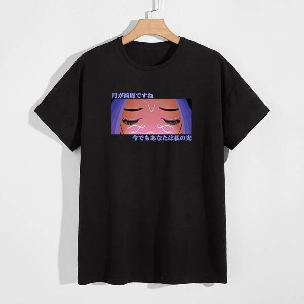 

Men Japanese Letter & Cartoon Graphic Tee, Black