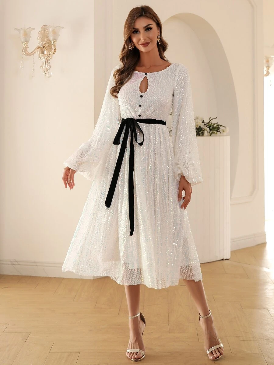 Missord 燈籠袖腰帶亮片連衣裙 - 白色 - 查看 1