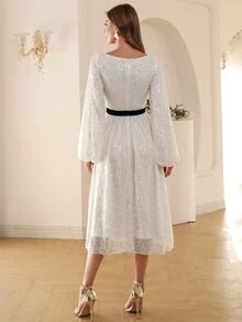 Missord 燈籠袖腰帶亮片連衣裙 - 白色 - 查看 2