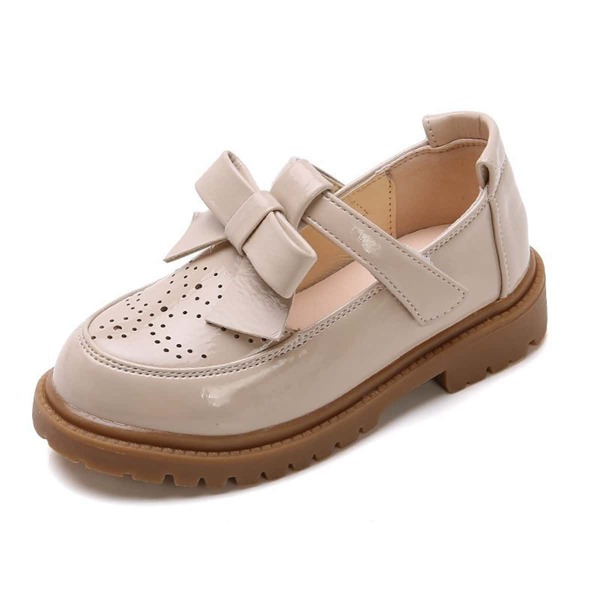 

Girls Bow Decor Perforated Detail T Strap Flats, Beige