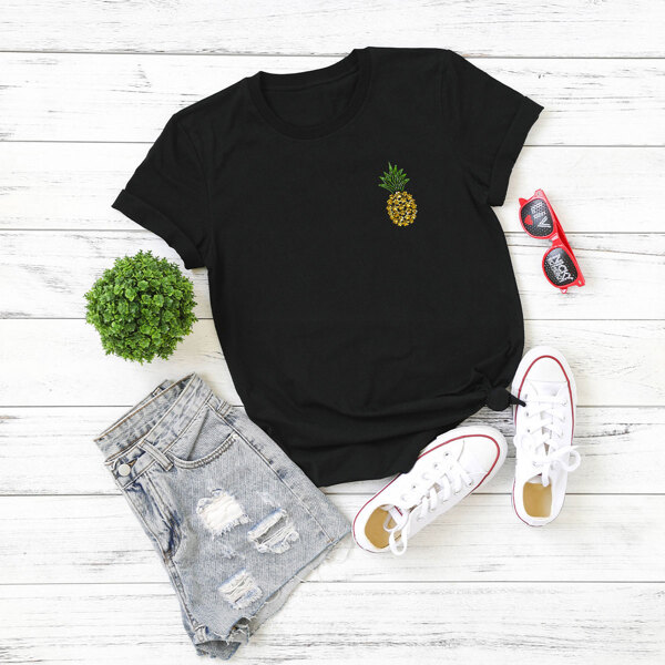 

Plus Pineapple Print Crew Neck Tee, Black