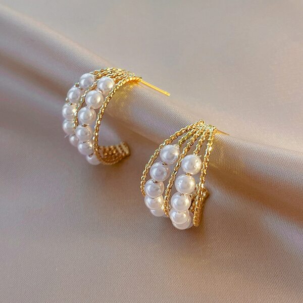 

Faux Pearl Cuff Hoop Earrings, Gold