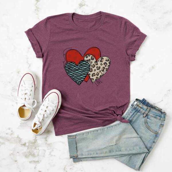 

Plus Heart Print Crew Neck Tee, Mauve purple