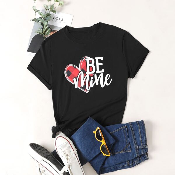 

Plus Slogan And Heart Print Tee, Black