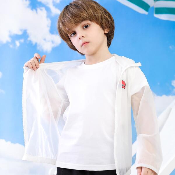 

Boys Zip Up Cartoon Graphic Sheer Hoodie Without Top, White