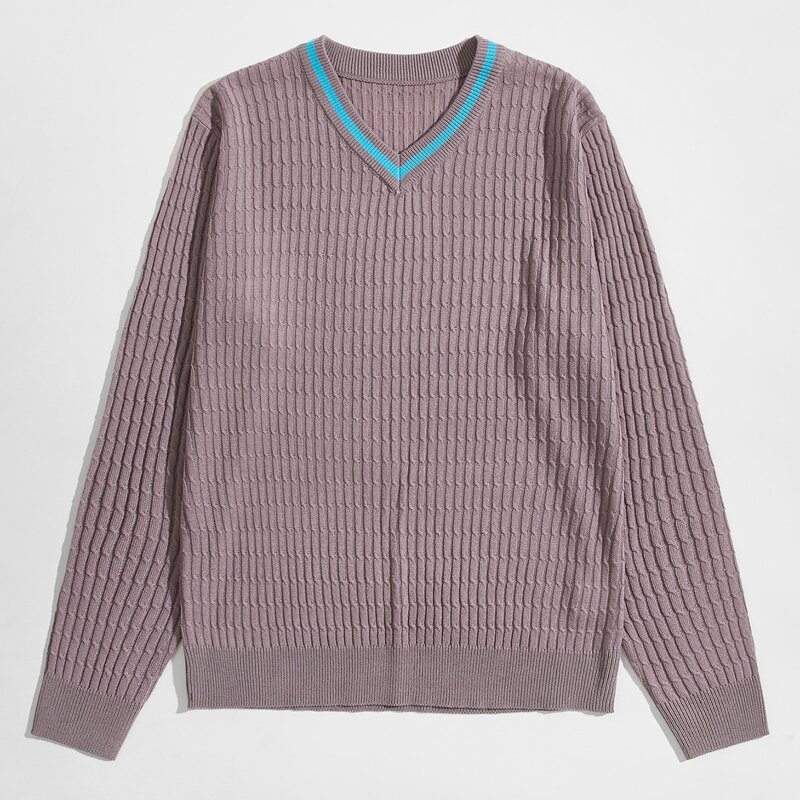 

Guys Striped V-neck Cable Knit Sweater, Dusty purple