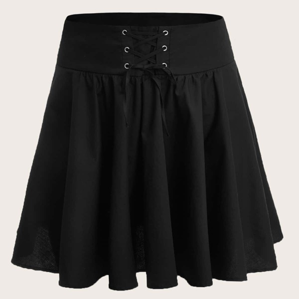 

Plus Lace Up Front Flare Skirt, Black