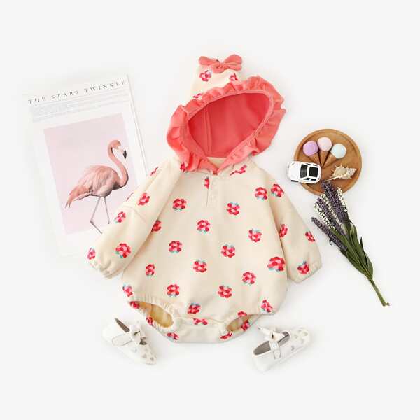 

Baby Girl Ruffle Trim Hooded Raspberry Print Bodysuit, Beige