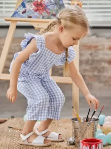 SHEIN Toddler Girls Buffalo Plaid Ruffle Trim Jumpsuit