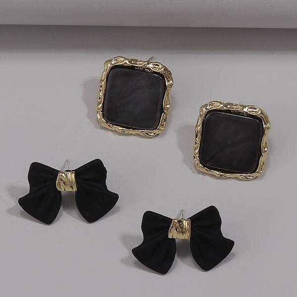 

2pairs Bow Detail Earrings, Black