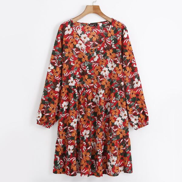 

Plus Allover Floral Print Smock Dress, Multicolor