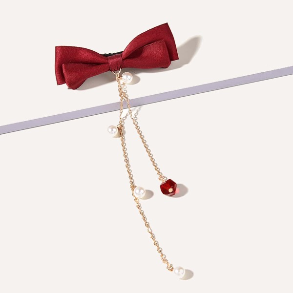 

Faux Pearl Pendant Bow Hair Clip, Red