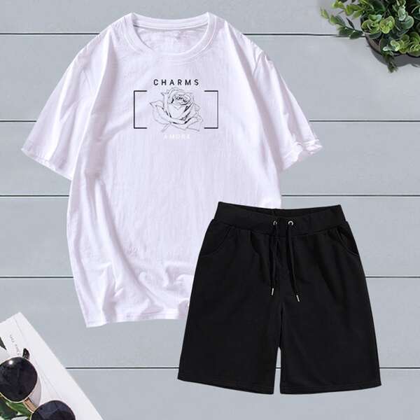 

Men Rose Print Tee & Track Shorts, Black and white