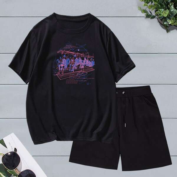 

Men Figure Graphic Tee & Drawstring Shorts Set, Black
