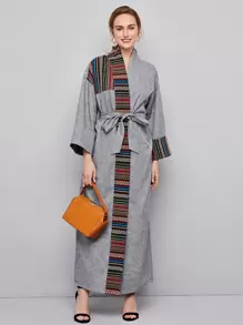 Al Najma Cuffed Sleeve Self Belted Scarf Print Abaya