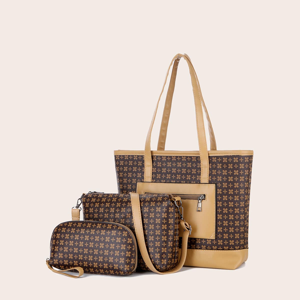 

3pcs Geometric Graphic Tote Bag Set, Brown