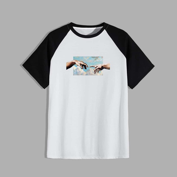 

Men Hands Print Raglan Sleeve Tee, White