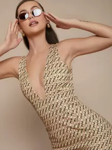 SHEIN BAE Vestido bajo con abertura de cuello profundo con estampado - Multicolor - Ver 5