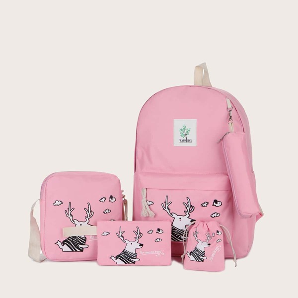 

5pcs Cartoon Graphic Backpack Set, Pink