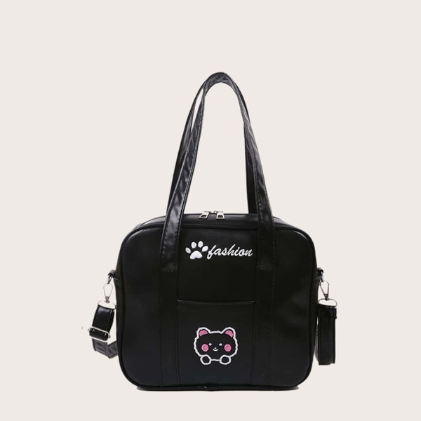 

Girls Cartoon & Letter Embroidered Tote Bag, Black