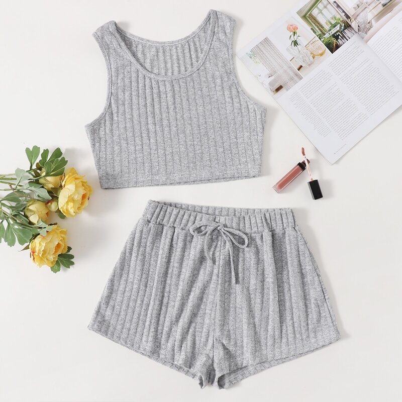 

Tank Top & Tie Front Shorts Lounge Set, Grey