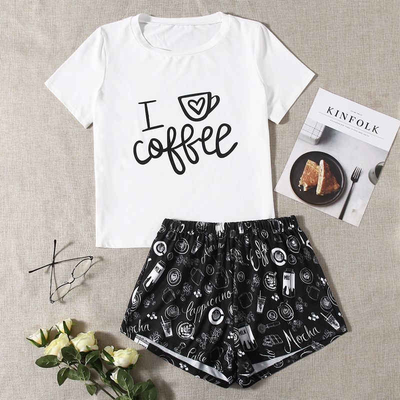 

Slogan And Graphic Print Pajama Set, Black and white