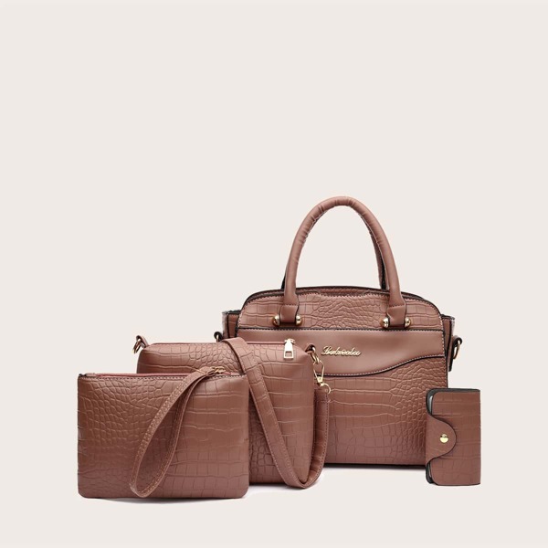 

4pcs Croc Embossed Top Handle Bag Set, Brown