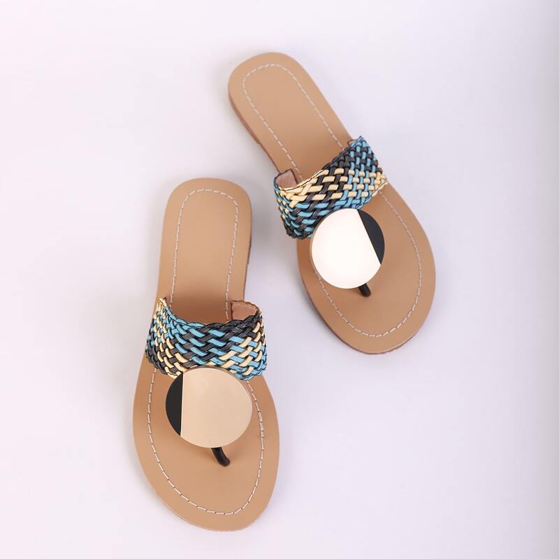 

Metal Decor Braided Thong Sandals, Blue