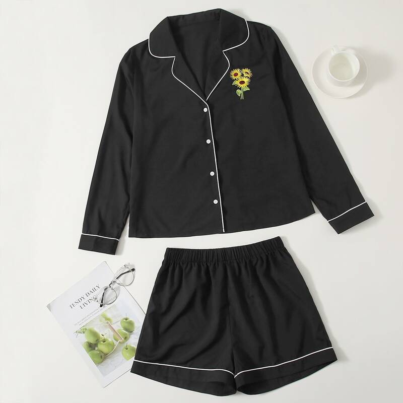 

Sunflower Embroidery Contrast Binding PJ Set, Black