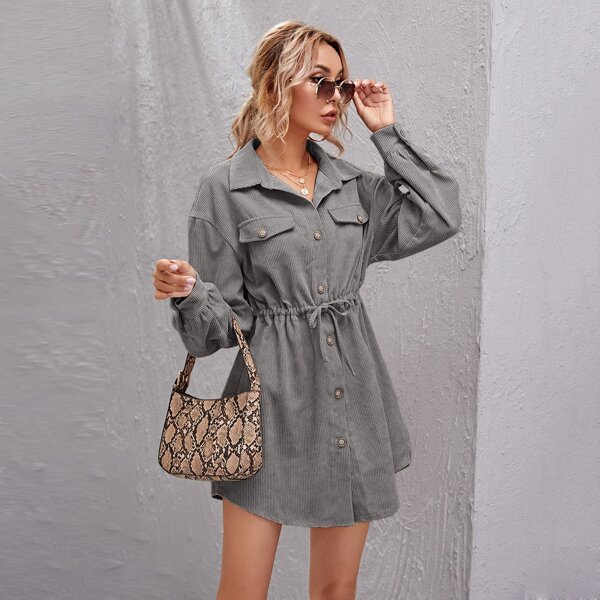 

Drawstring Knot Corduroy Shirt Dress, Light grey