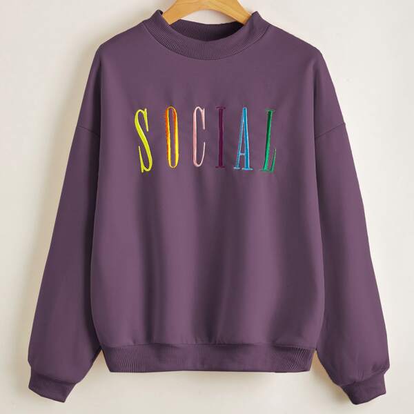 

Drop Shoulder Letter Embroidery Pullover, Mauve purple